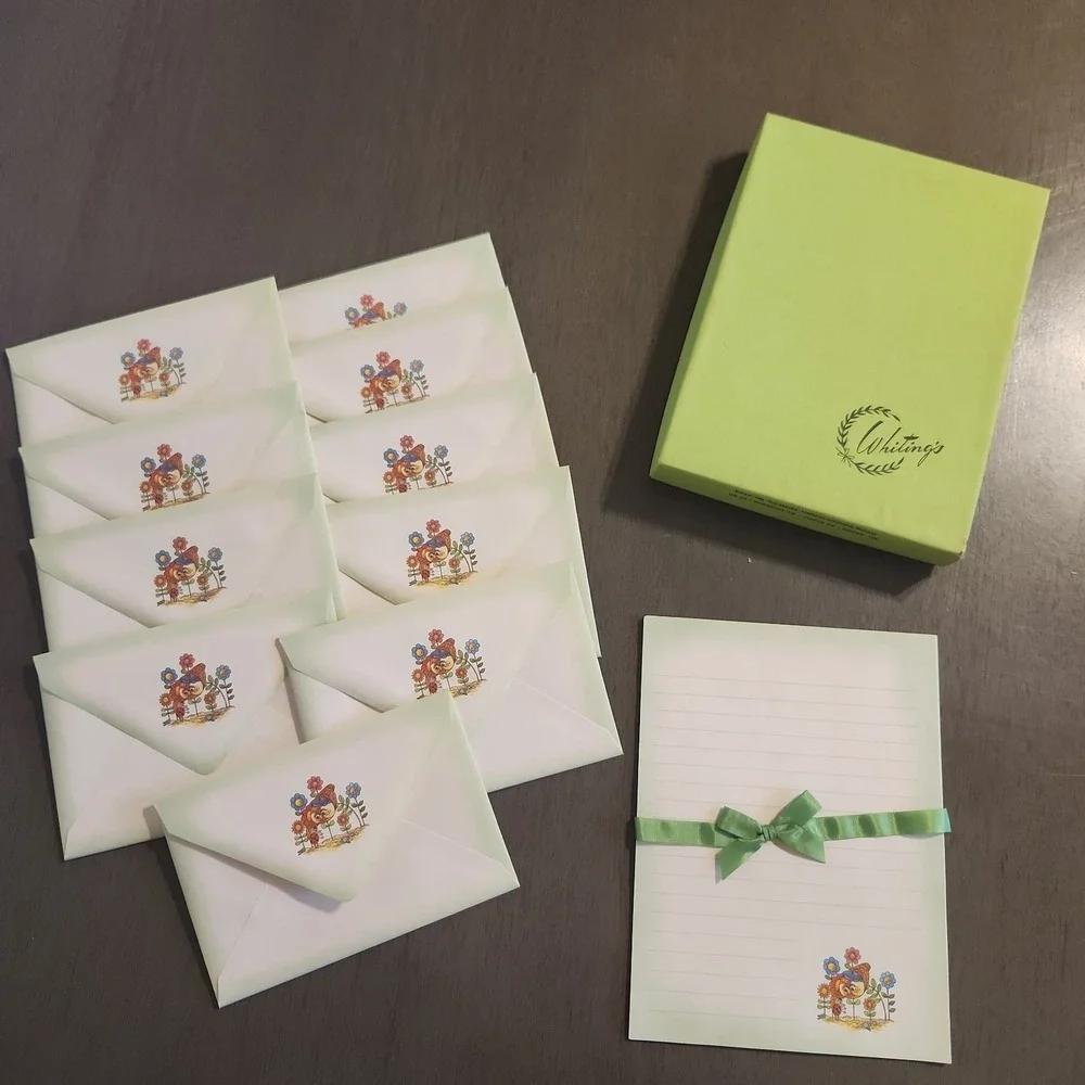 Vtg Stationery Set Cute Owl & Ladybug Theme Whiting 10 Sheets/Envelopes & Box